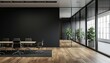 © viktorbond - modern interior design office hall with conference table, wooden floor and dark wall background