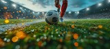 Fototapeta Fototapety sport - Close-up of a Leg in a Boot Kicking Football Ball. Professional Soccer Player Hits Ball