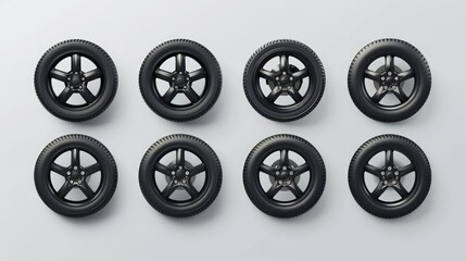 Wall Mural - Set of isolated rubber tyre or car tire, truck wheel with metal star rim, lorry disk icon or bus wheels. Vehicle vulcanization or balancing, garage logo or brake maintenance, road, race, drive symbol