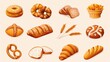 Set vector bread icons. Rye, whole grain and wheat bread, pretzel, muffin, pita , ciabatta, croissant, bagel, toast bread, french baguette for design menu bakery