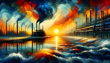 A Vivid Industrial Seascape Painting Depicts Smokestacks Emitting Colorful Plumes Of Smoke Against A Dramatic Sunset, With Turbulent Waves In The Foreground.

