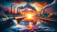 This Is A Digitally Enhanced Image Depicting An Industrial Landscape At Sunset, With Large Factories Emitting Smoke And A Pipeline Discharging Water Into A River, Reflecting The Vibrant Colors Of The 