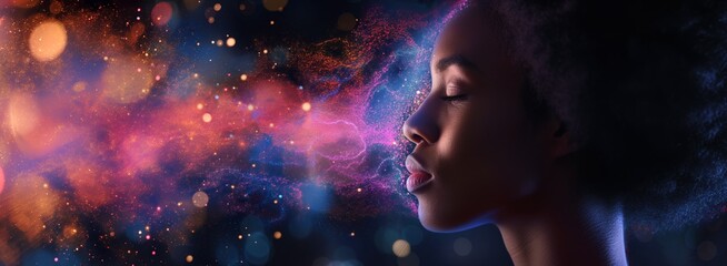 Wall Mural - beautiful fantasy abstract portrait of a beautiful woman double exposure with a colorful digital paint splash or space nebula	