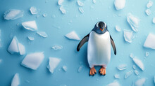 Advertising Portrait, Banner, White Black Penguin Lies On The Surface Where Snow And Ice Around, Isolated On Blue Background
