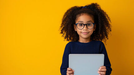 Wall Mural - Full body photograph of a trendy young girl using a netbook, staring ahead with a warm smile. She's attired in a stylish navy blue knitwear, against a pastel yellow background.