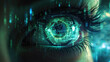 Abstract digital information background, person eye watching data in green blue lighting. Concept of ai, technology of cyber security, spy, network, hacker, hack, fraud,