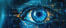 Person Eye Watching Cyber Data, Abstract Digital Information Background, Wide Blue Banner With Network Security Theme. Concept Of Ai, Technology, Spy, Hacker, Hack, Art