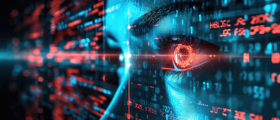 Wall Mural - Abstract digital information background, person eye watching cyber data in red and blue lighting. Concept of ai, technology of security, tech, network, hacker, hack