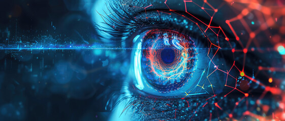 Person eye watching cyber data, abstract digital information background, wide blue banner with security theme. Concept of ai, technology, spy, network, hacker, hack, fraud