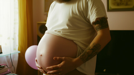 heavily pregnant transgender man with tattoos. ai generated