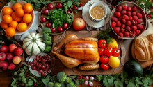 Harvest Feast: Roasted Chicken And Fresh Fruits And Vegetables