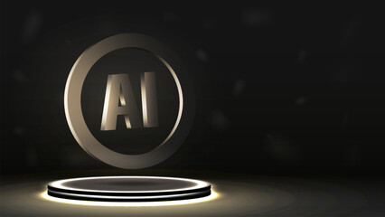 3d artificial intelligence AI icon on a bright neon podium in black and gold.