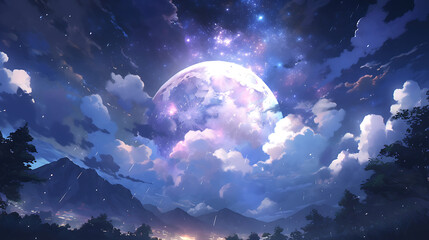 Wall Mural - Full moon in the night sky niji style