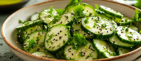 Wall Mural - Fresh cucumber salad with crunchy chi seeds and fragrant parsley