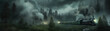 Steam train goes throw hazy forest landscape. Long side panoramic picture.