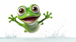 Funny cartoon jumping frog isolated on white background. Little cute reptile rushed into arms with smile at its face.