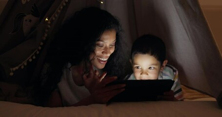 Sticker - Bed, night and mother with boy, tablet and cheerful with fun and playing on a weekend break. Parent, family and mama with son and technology with digital app and home with smile and goofy with joy