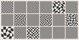 Fototapeta  - Trendy checkered pattern, black and white distorted tiled grid. Wavy curved backdrop, distortion effect. Funky geometric chessboard texture, retro background in 90s style, y2k. Vector illustration