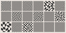 Trendy Checkered Pattern, Black And White Distorted Tiled Grid. Wavy Curved Backdrop, Distortion Effect. Funky Geometric Chessboard Texture, Retro Background In 90s Style, Y2k. Vector Illustration
