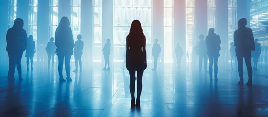 Business woman standing amidst figures in co column