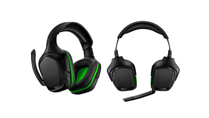 Canvas Print - Black and green gaming headsets isolated on white background.