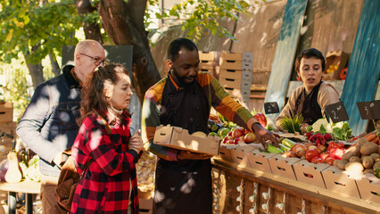 Wall Mural - African american farmer putting fresh products in box, selling package of natural bio fruits and vegetables. Young woman talking to local marketplace vendor, buying organic produce.