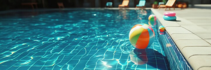 an inflatable beach ball sitting on the edge of a swimming pool, a digital rendering, play of light, summer time,