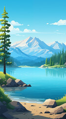 Lake Tahoe Alpine Lake with Blue Sky and Mountains and Pines Postcard and Poster Illustration Style