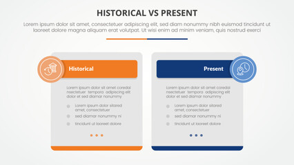 historical vs present versus comparison opposite infographic concept for slide presentation with big box table and circle badge header with flat style