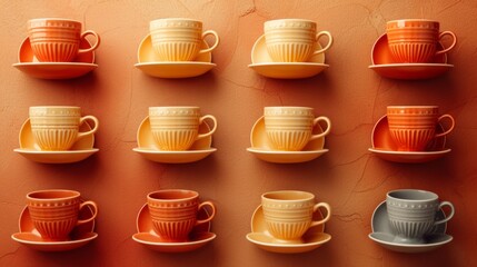 Wall Mural - A wall of cups and saucers arranged in a pattern, AI