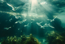 Seagulls Swimming Under Deep Water With Sea Plants