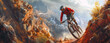 © ColdFire - A mountain biker rides a bicycle on a rocky path. A cyclist in a helmet rides on rocks and a steep slope