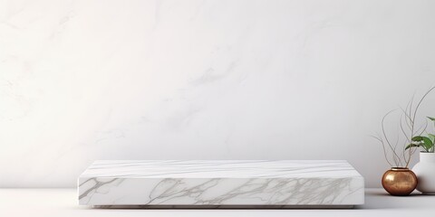 Canvas Print - Sleek marble podium on table with white tile wall backdrop, perfect for showcasing premium products.