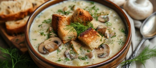 Sticker - Mushroom Soup with Dill & Croutons: A Deliciously Mushroom-filled Soup with a Splash of Fresh Dill and Crunchy Homemade Croutons