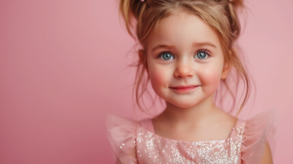Wall Mural - cute little girl in a pink dress on a gentle crimson background in the studio, child, toddler, kid, children, daughter, portrait, place for text, face, person, fashion