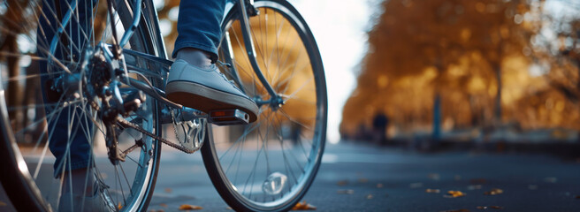 Close up of bicycle wheel with human foot on pedal with blurred background. Cycling in autumn. The concept of outdoor recreation