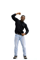 Wall Mural - A man, full-length, on a white background, raises his hand up