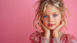 beautiful little girl in a pink dress is surprised, holds her hands to her face on a crimson background, child, childhood, teenager, kid, portrait, shock, emotional face