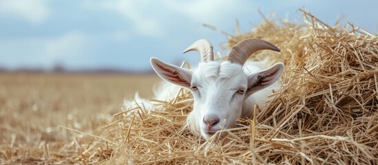 Wall Mural - Dometic White Goat Enjoying a Feast of Dry Straw on a Serene Farm