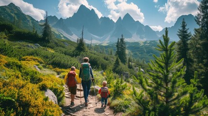 family with small children hiking outdoors in summer nature, walking in high tatras.