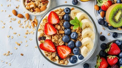 Wall Mural - Homemade granola with nuts and raisins, kiwi, blueberries, banana, strawberries and plain yogurt. Top view. Concept of healthy lifestyle, dieting, healthy eating and breakfast