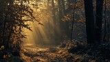 Fototapeta  - The image captures a serene woodland scene at what appears to be early morning or late afternoon, suggested by the low angle of the golden sunlight filtering through the trees. Sunbeams pierce the mis