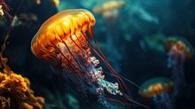 The Image Features A Vibrant Orange Jellyfish Floating Underwater, Illuminated By A Light That Accentuates Its Translucent Body And The Intricate Network Of Its Branching Tentacles. The Jellyfish Is T