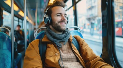 Young man riding in public transport listening to the music