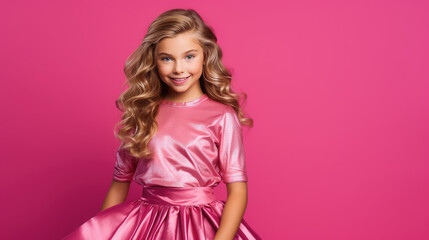 Wall Mural - little blue-eyed smiling girl with long curly blond hair in a pink dress on a crimson background in the studio, child, kid, daughter, teenager, fashion, beauty, stylish clothes, space for text, skirt