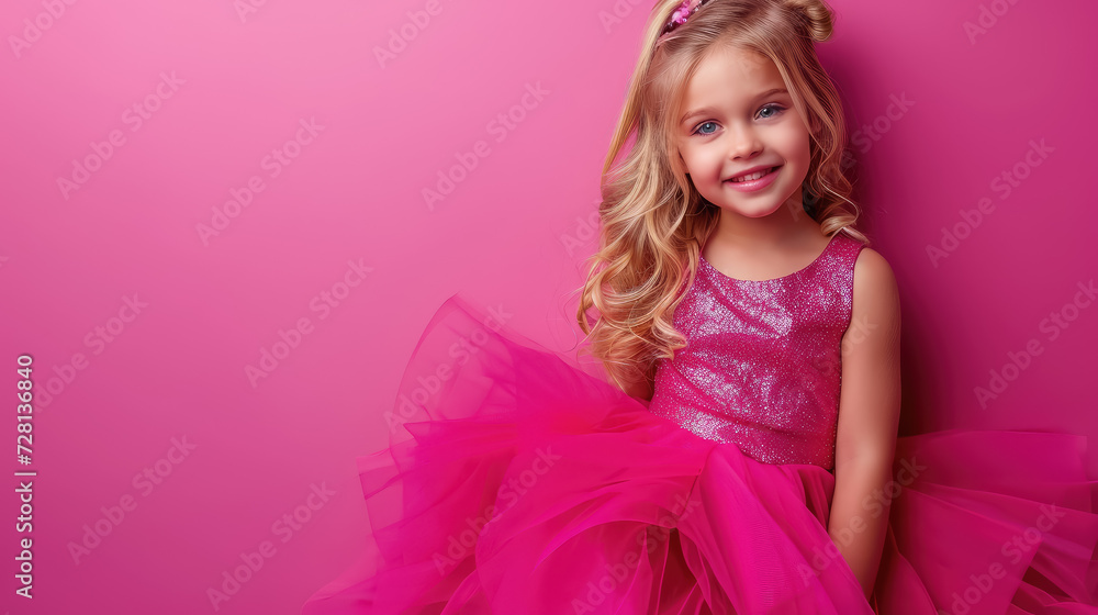 little blue-eyed smiling girl with long curly blond hair in a pink ...