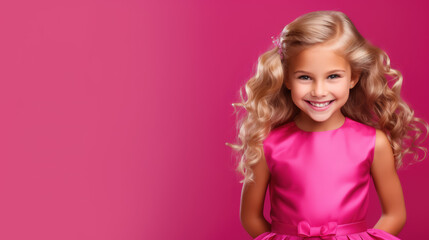 Wall Mural - little blue-eyed smiling girl with long curly blond hair in a pink dress on a crimson background in the studio, child, kid, daughter, teenager, fashion, beauty, stylish clothes, space for text, skirt