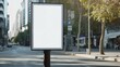 © Jennifer - Mockup. Vertical advertising stand in the street. Blank white street billboard poster lightbox stand mock with urban city background