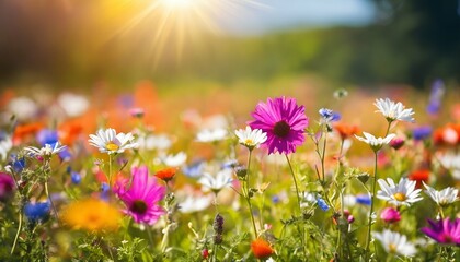 Wall Mural - Nature banner of a colorful meadow, sunbeams, blue sky, and bokeh lights, perfect for summer and spring themes