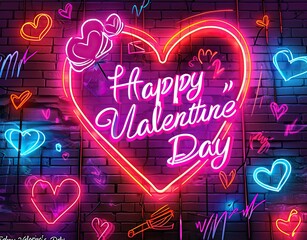 Wall Mural - Vibrant neon heart illuminating a rustic brick wall - a symbol of love and romance for urban valentine’s day celebrations Generative Ai